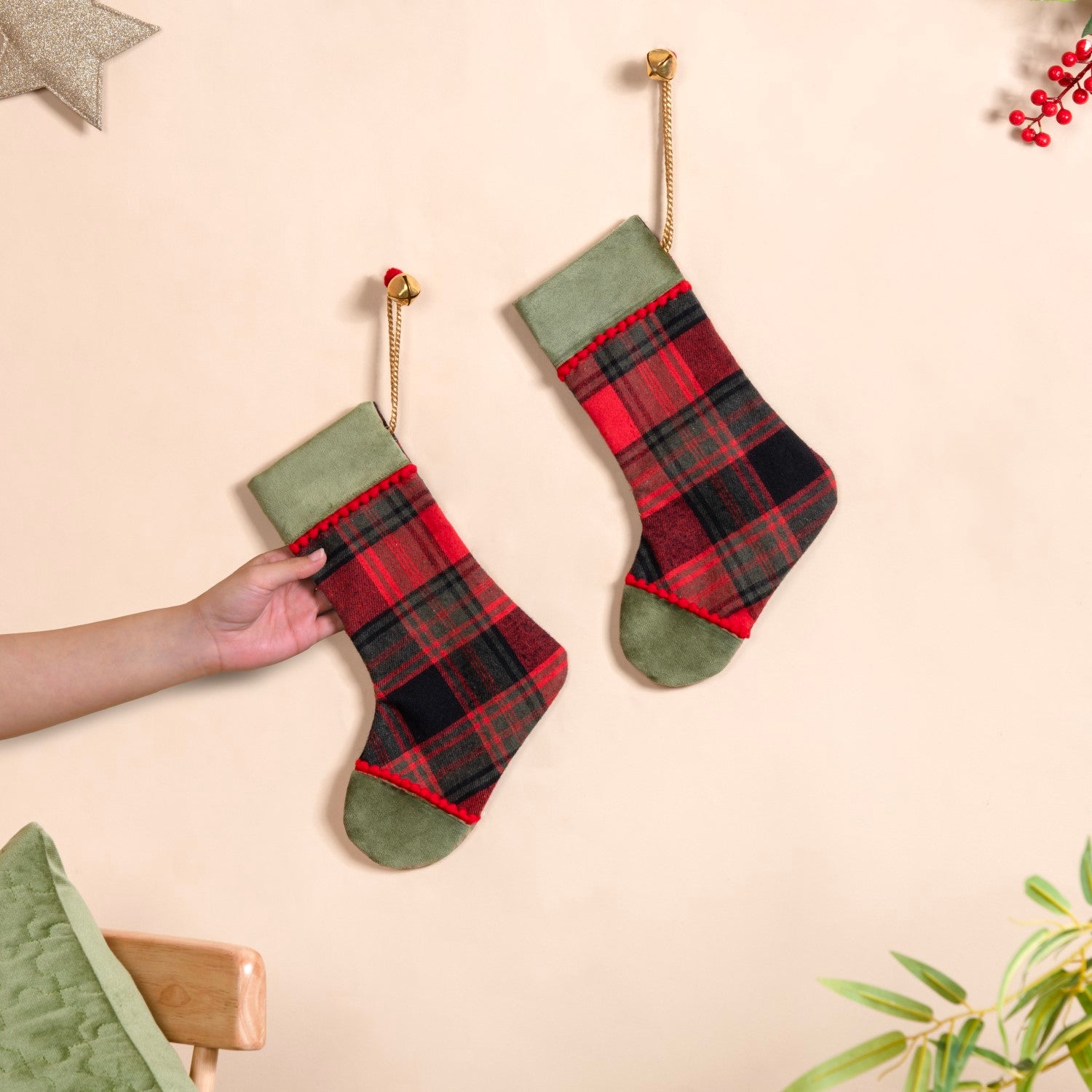 Plaid Bell Santa Stockings Set Of 2
