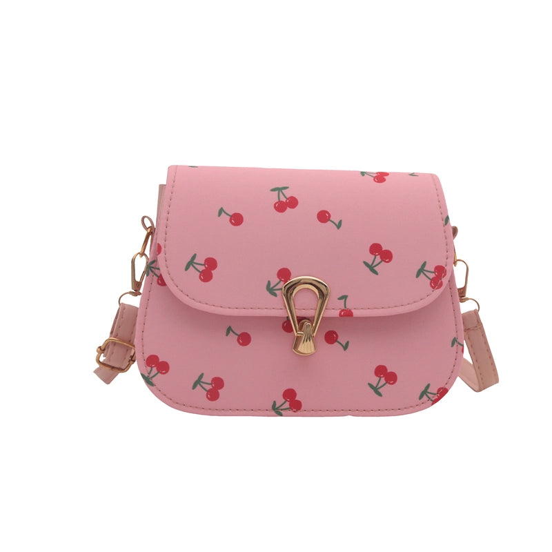 Simple Trendy  Cherry Print Elegant Twist Lock Shoulder Bag Fresh Crossbody Small Square Bag