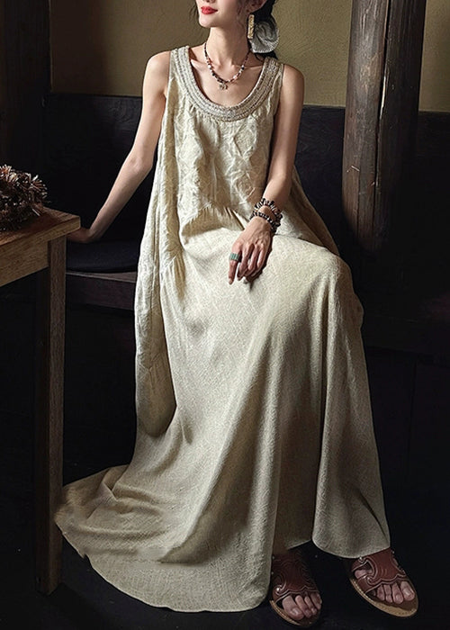 French Apricot O Neck Pockets Patchwork Cotton Long Dress Sleeveless
