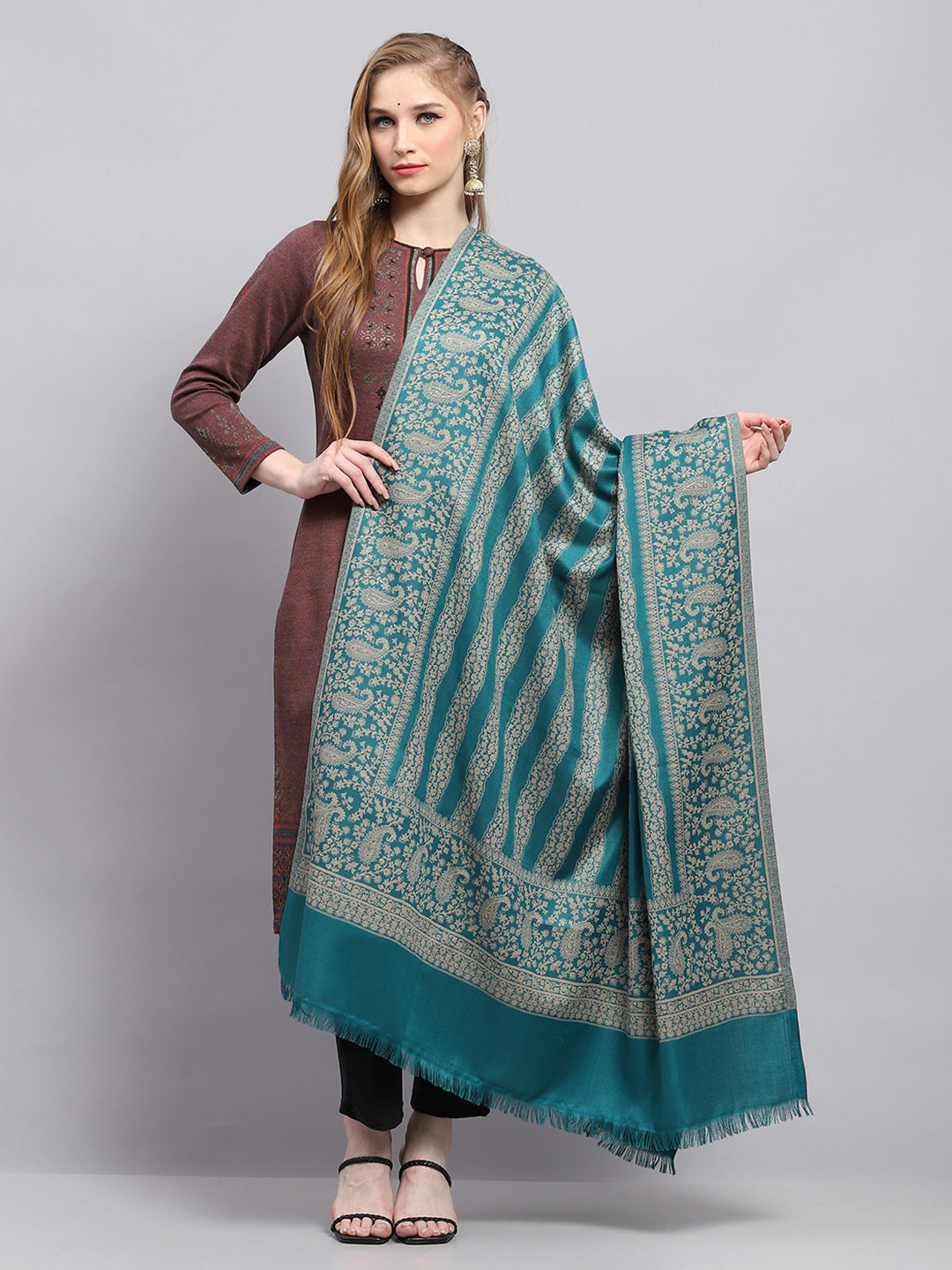 Women Turquoise Blue Self Design Shawl