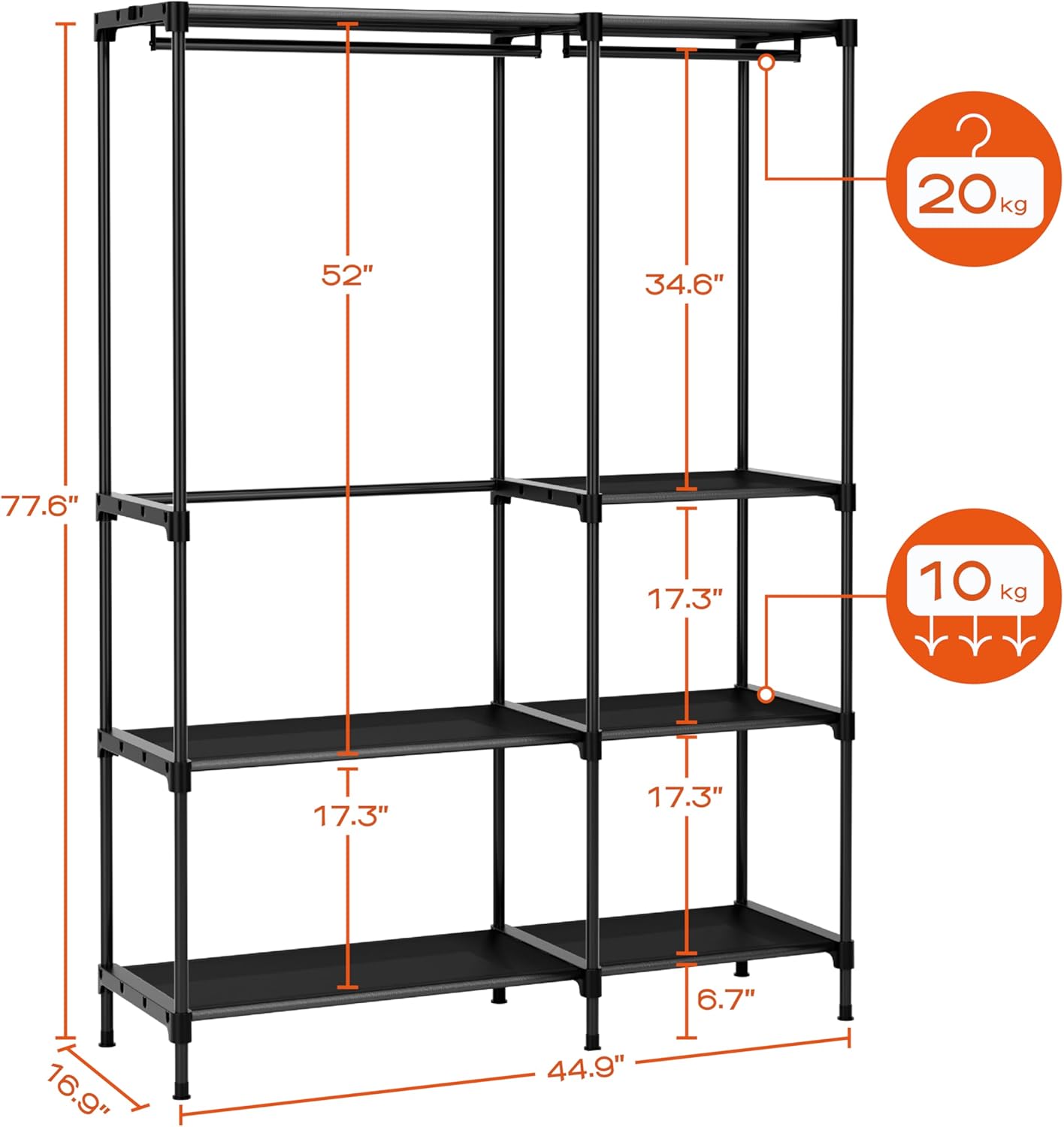 Clothes Rack, Portable Closet, 54.3 Inch Large Capacity Wardrobe Closet, Clothes Storage Organizer with Shelves and 3 Hanging Rods, Easy to Assembly, Black PCT022B01