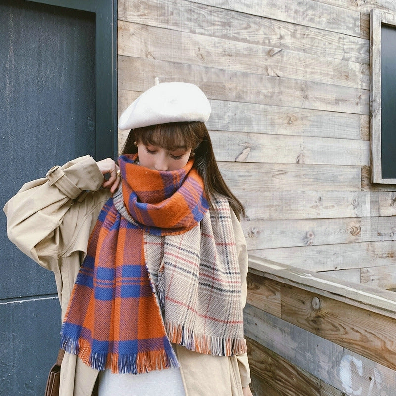 Dongdaemun New Plaid Scarf Autumn And Winter Good Wear Warm Cashmere Double-Sided Shawl College Style Women's Shawl Women