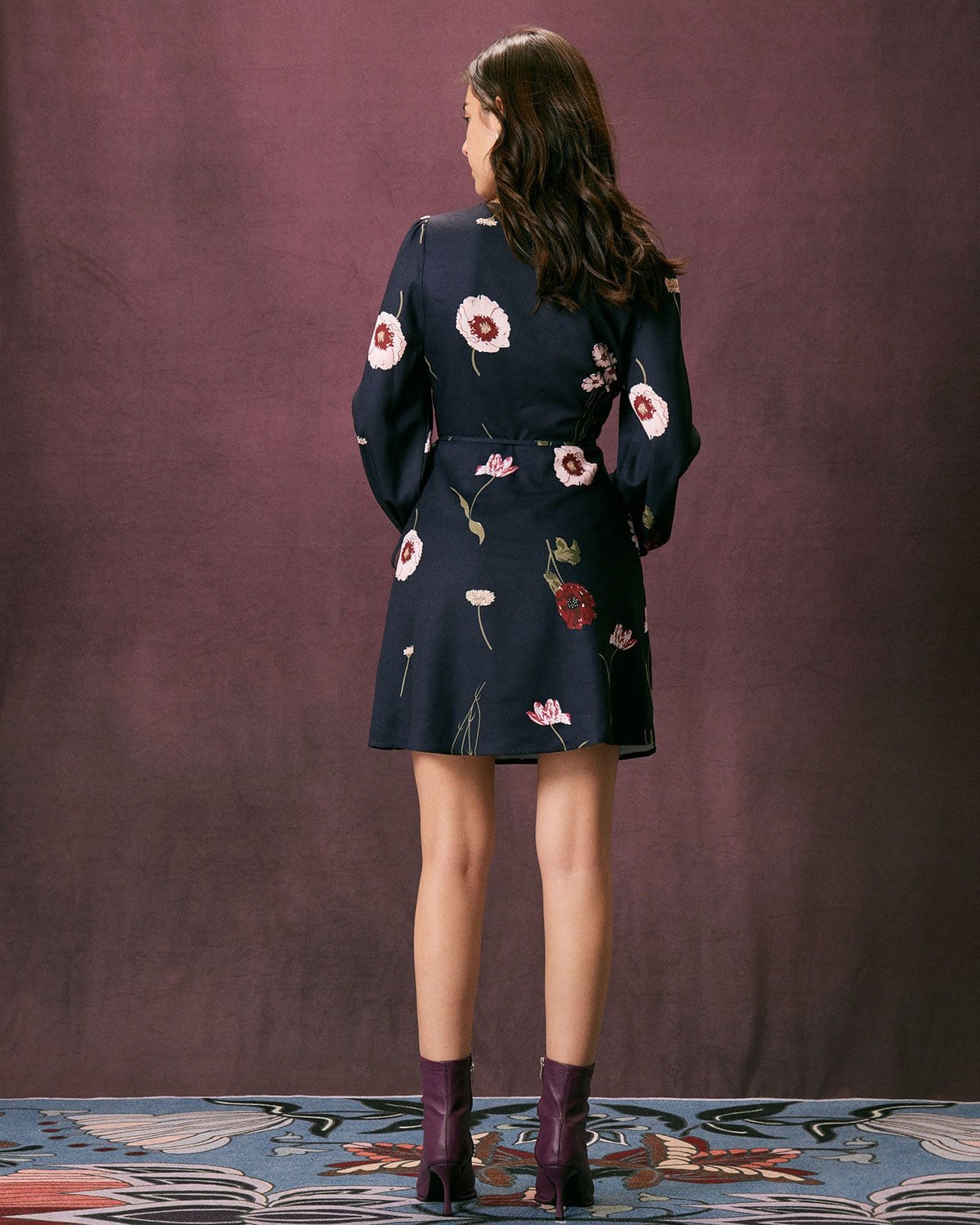 The Navy V Neck Floral Tie Wrap Mini Dress