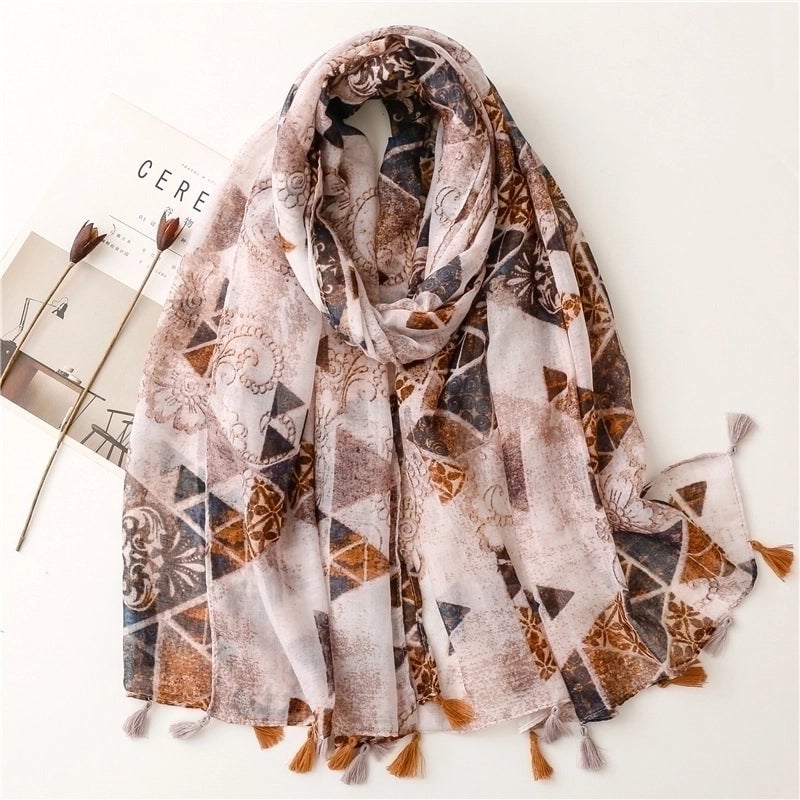 Yarn Cotton Fruit Green Bright Yellow Leaf Printing Tassel Scarf Shawl