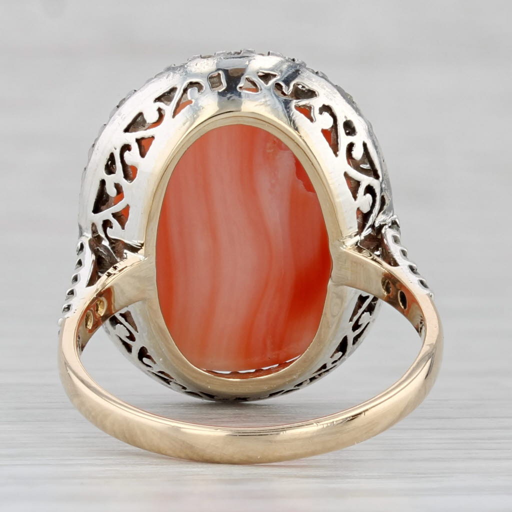 Coral Cabochon Diamond Halo Ring 14k Yellow Gold Silver Size 8