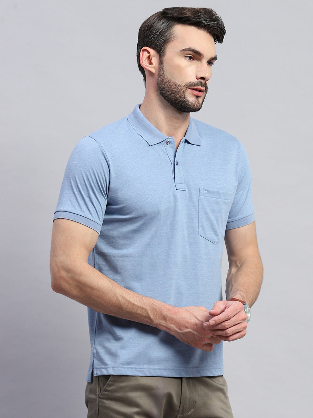 Men Blue Solid Collar Half Sleeve T-Shirt