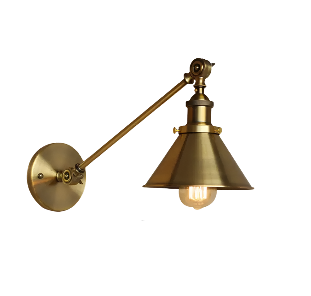 Industrial Adjustable Wall Sconce in Brass Finish with Dimensions