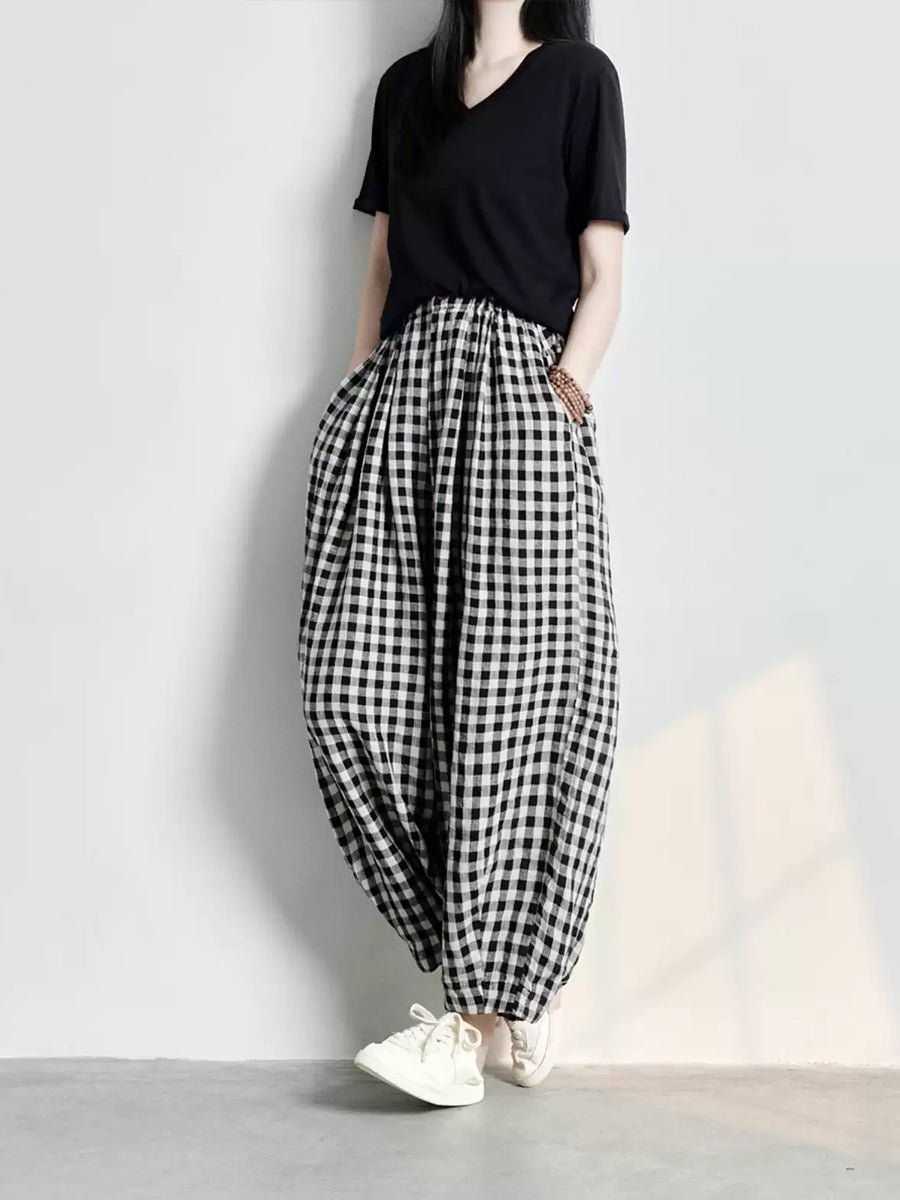Plus Size Women Spring Casual Plaid Loose Linen Harem Pants