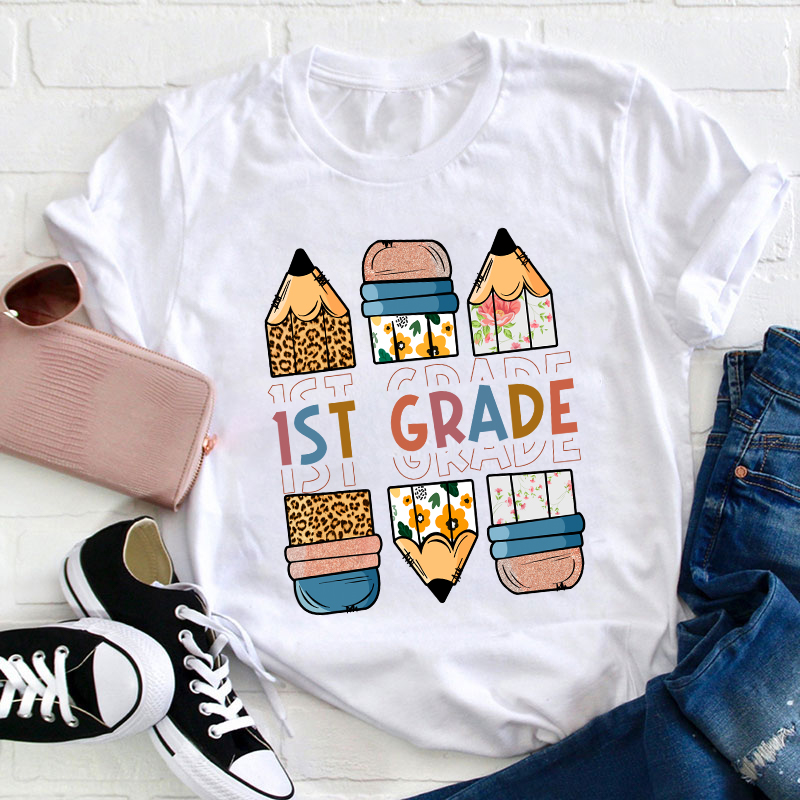 Personalized Grade Back To School Colored Pencil Teacher T-Shirt