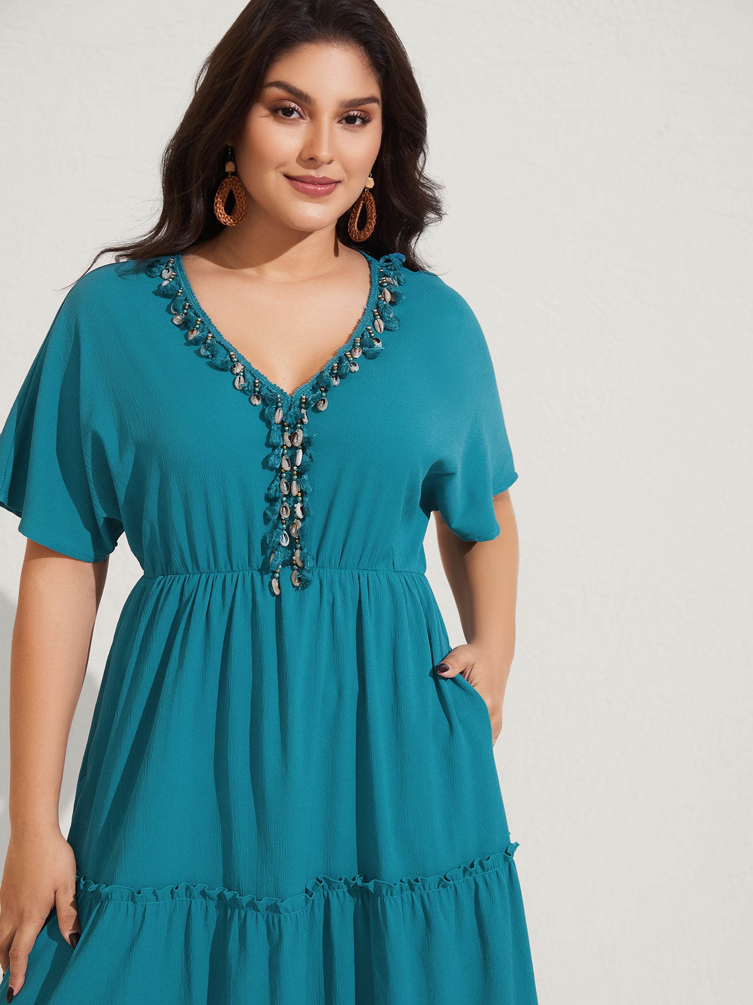 Collar Seashells Tassels Tiered Maxi Dress