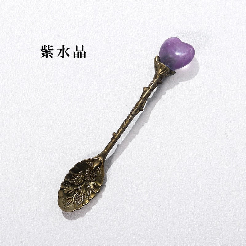 Natural Amethyst Flower Decor Copper Creative Long Handle Spoon