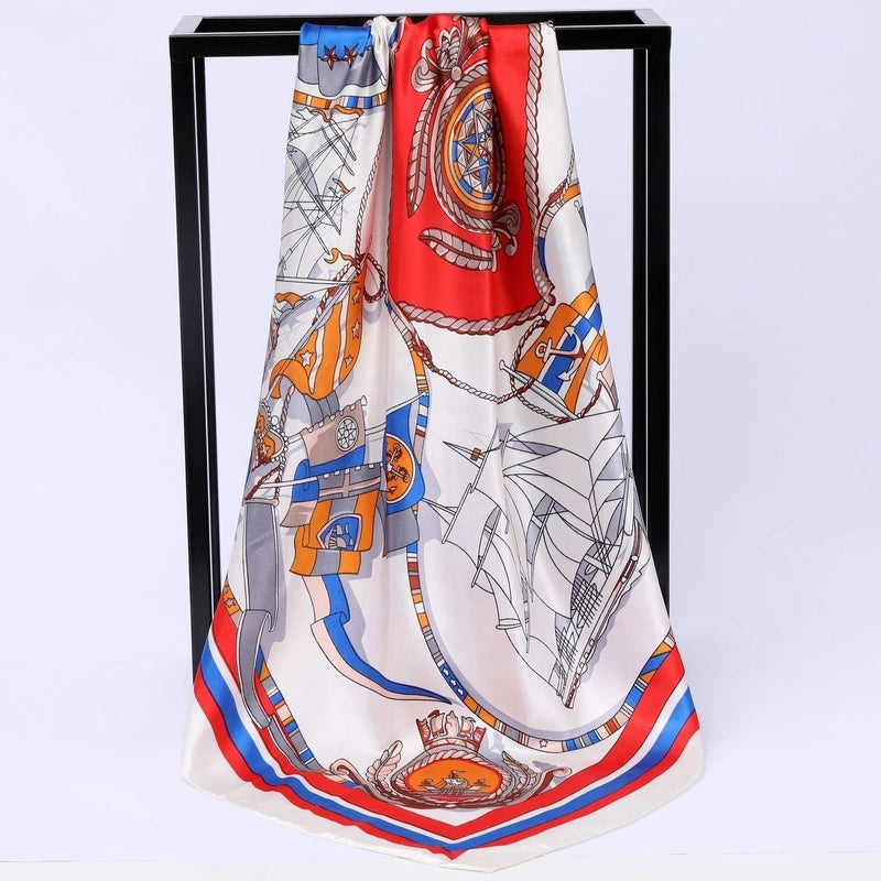 Women's Elegant Ship Satin Printing Silk Scarf