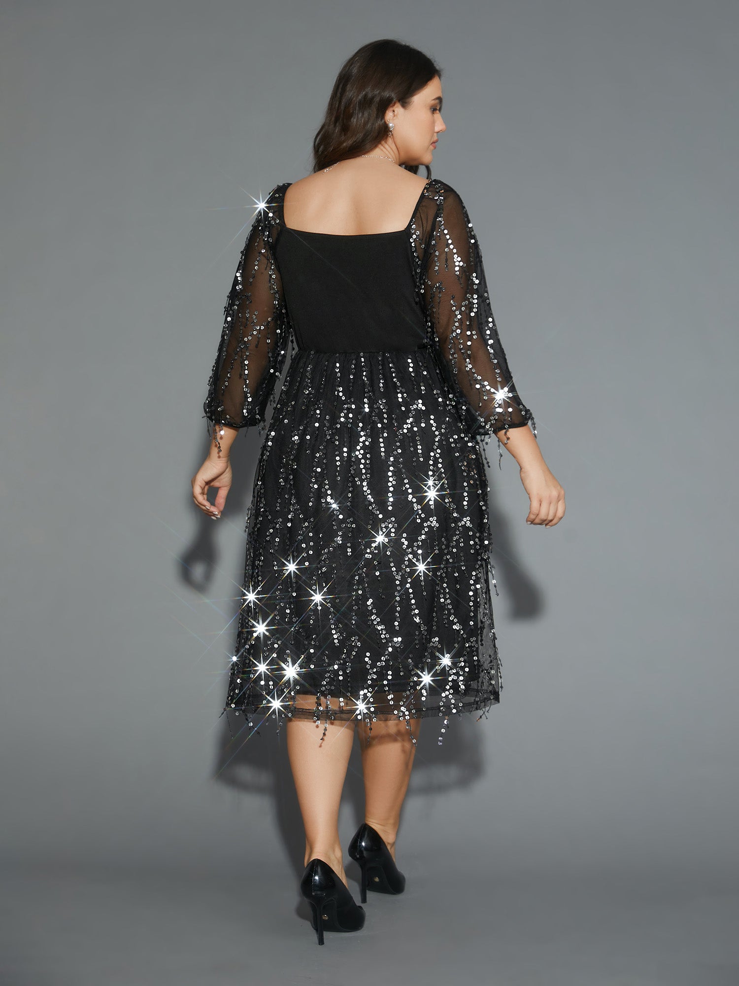 Tassel Sequins Sheer Sleeves Midi Dress