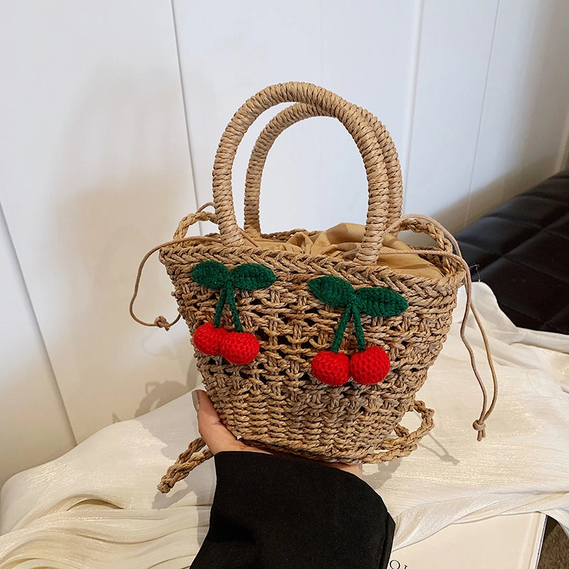 Women's Medium Straw Solid Color Flower Vacation Beach Weave Bucket String Straw Bag
