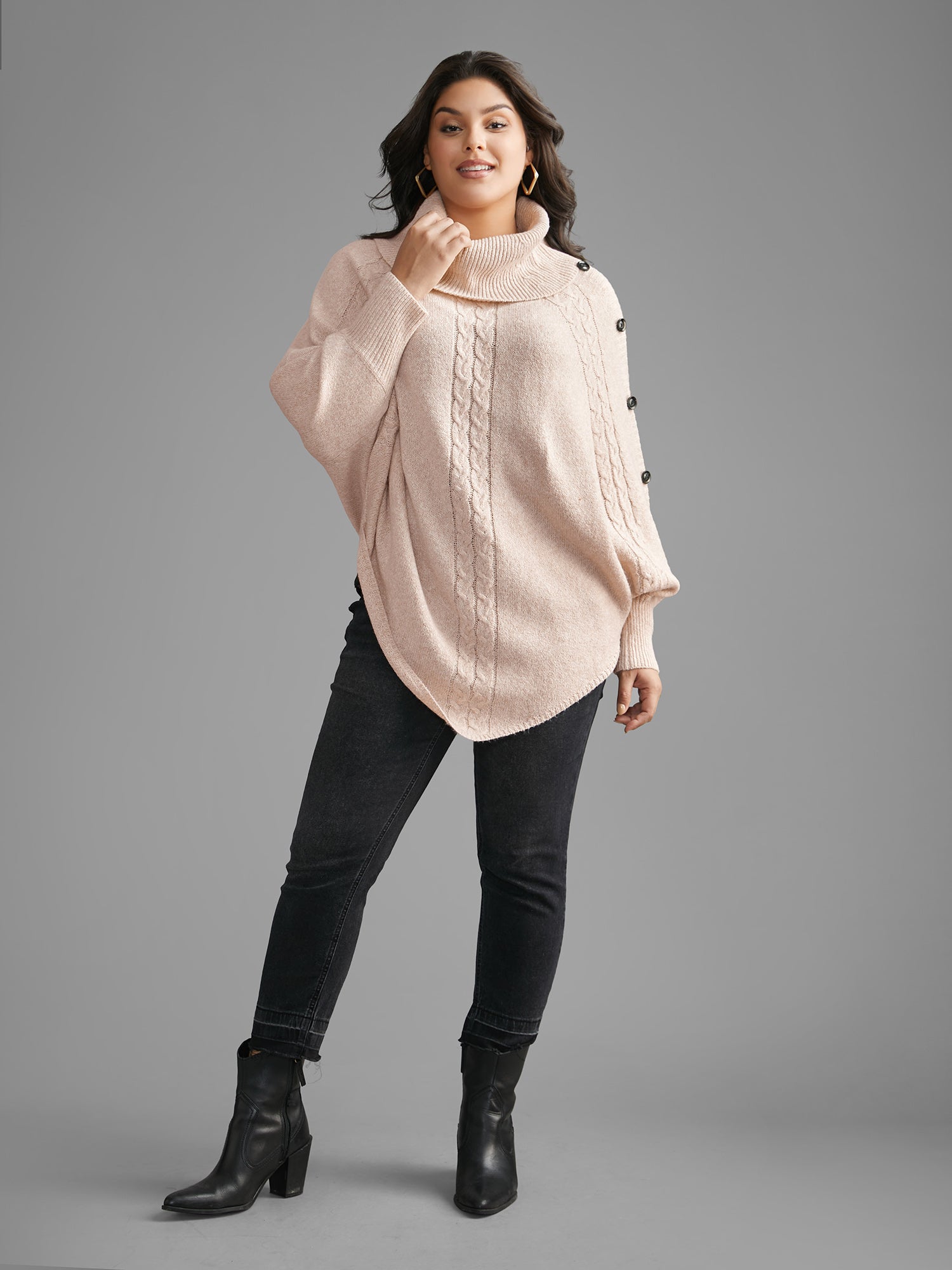 Turtleneck Cable Knit Asymmetrical Hem Pullover