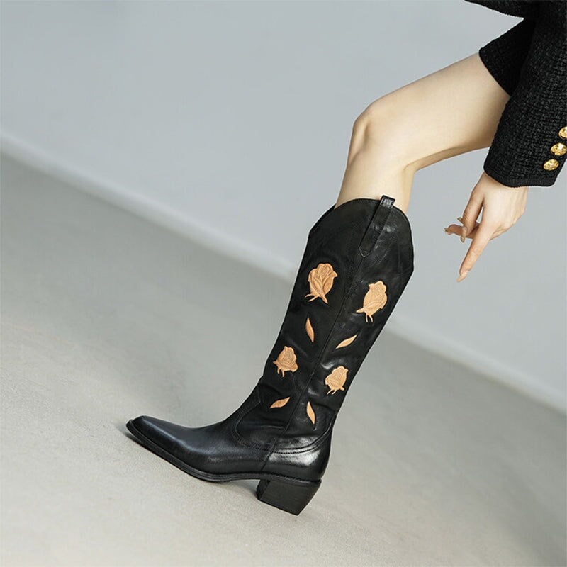 Womens Flower Embroidery Leather Western Boots Knee High Cowgirl Boots in Black