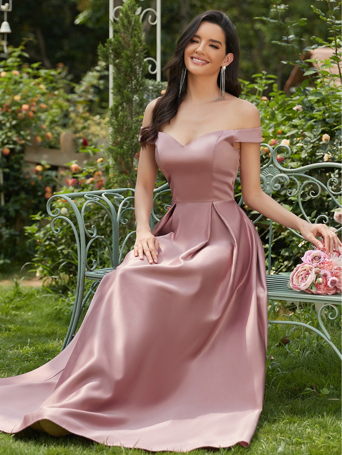 Off Shoulder Boxy Pleated Satin Prom Dress