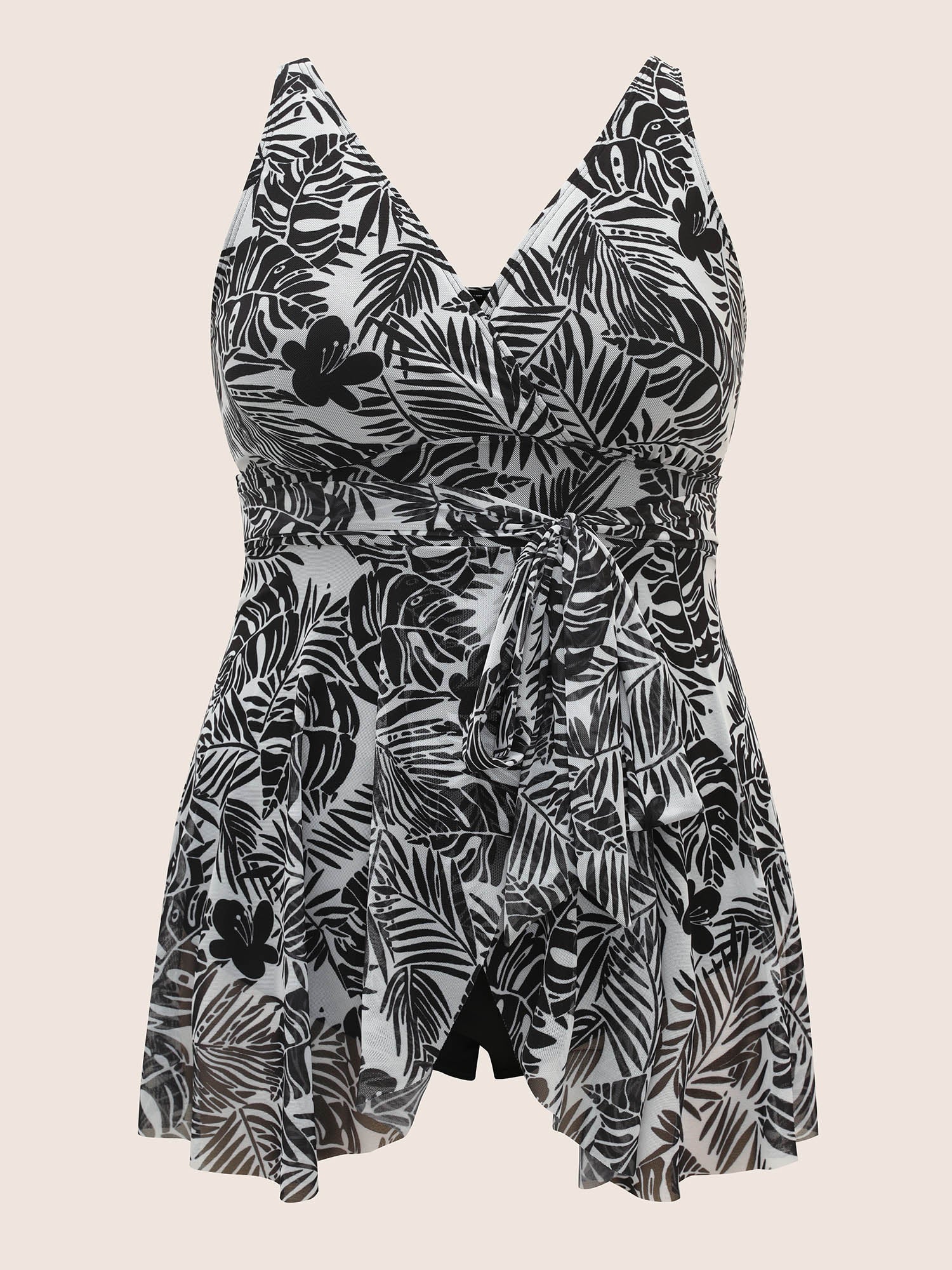 Tropical Print Tie Knot Wrap Gathered Swim Dress