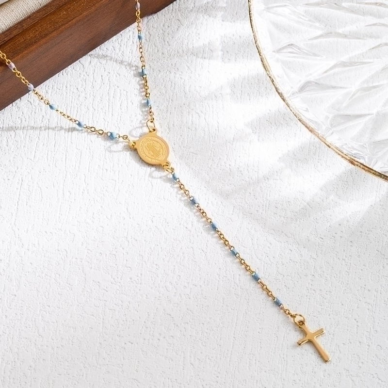 3 Pieces Elegant Classical Cross Virgin Mary Priest Stainless Steel Beaded Plating 18k Gold Plated Necklace