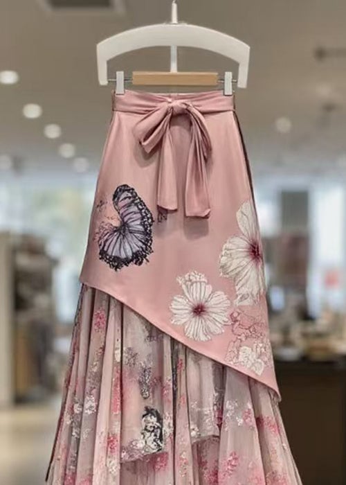 Beautiful Pink Print Lace Up Patchwork Chiffon Skirts Summer