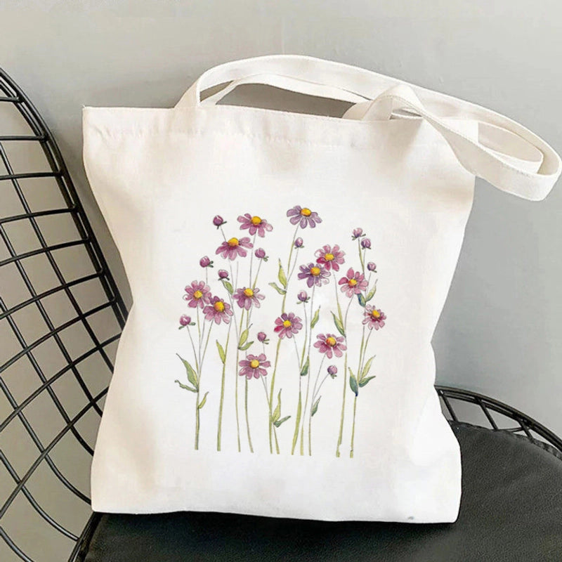 Women's Medium Canvas Flower Basic Classic Style Square Open Canvas Bag