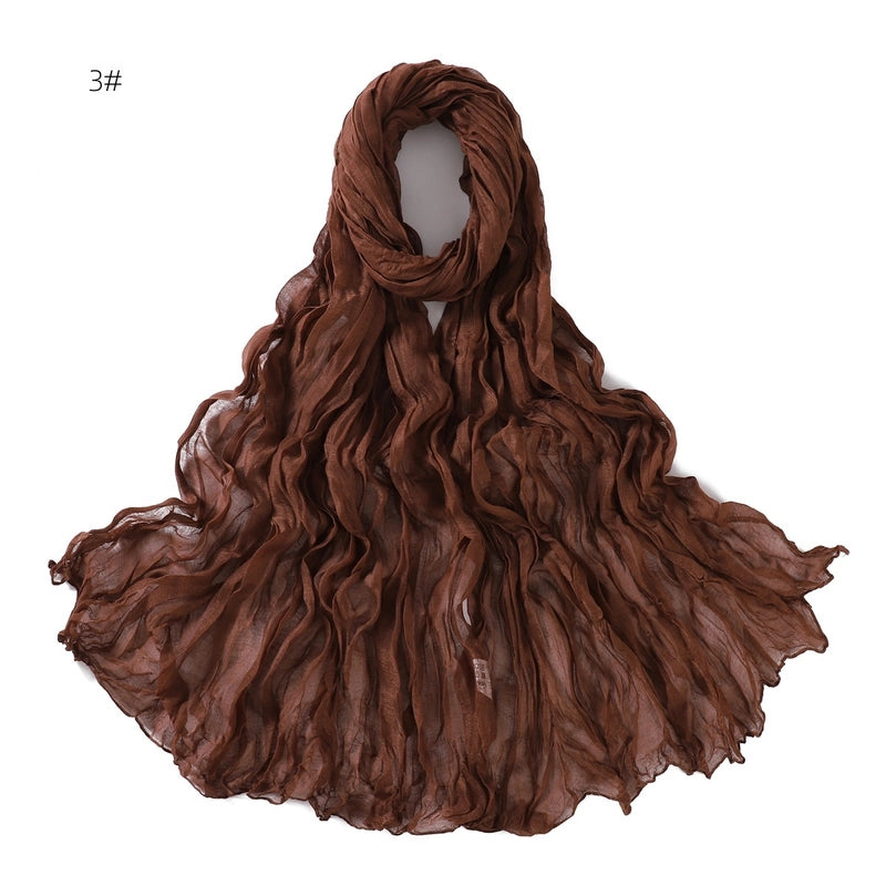 Spring And Autumn Pure Color Silk Yarn Twist Wrinkle Cotton And Linen Breathable Thin Scarf Female Cover Scarf In Stock