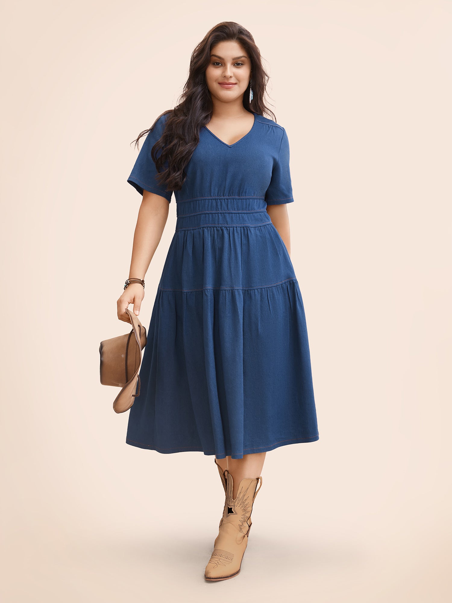 Stretch Denim Pockets Tiered Midi Dress