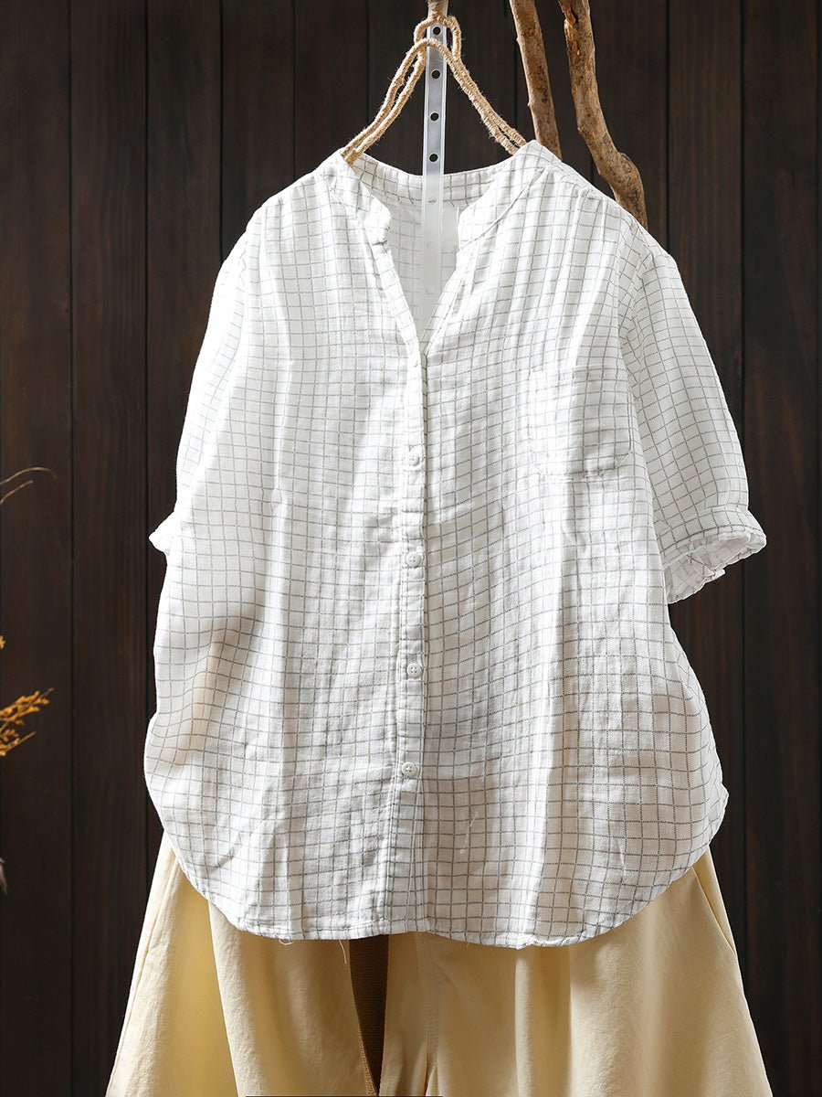 Women Summer Artsy Stripe Plaid 100%Cotton Shirt