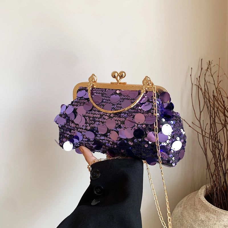 Women's Sequin Solid Color Elegant Streetwear Shell Lock Clasp Shoulder Bag Crossbody Bag