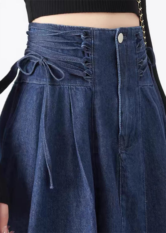 Fashion Navy Patchwork Tie Waist Denim Maxi Skirts Spring