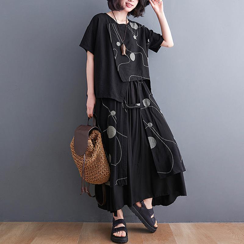 Black Print Short Sleeve Round Neck T-shirt Elastic Waist Skirt Suit Summer