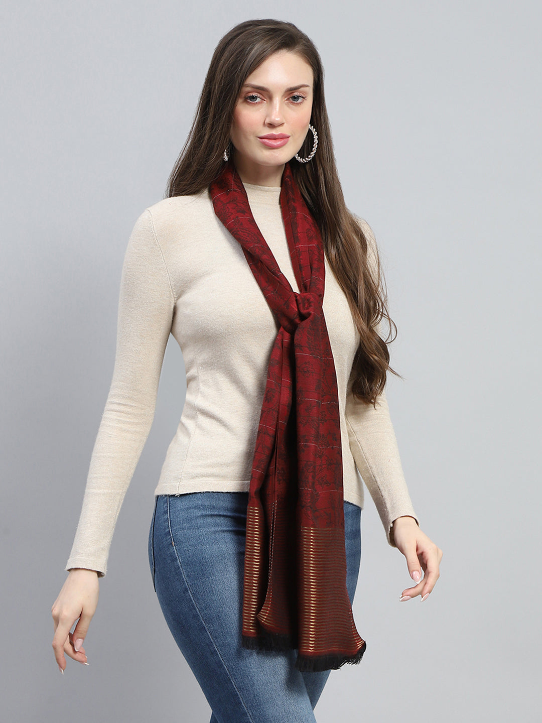 Women Maroon Self Design Stole