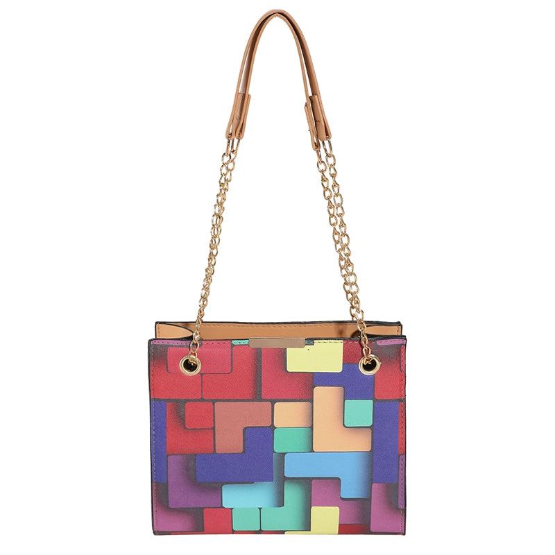 Women's Pu Leather Color Block Lattice Streetwear Square Zipper Shoulder Bag Crossbody Bag