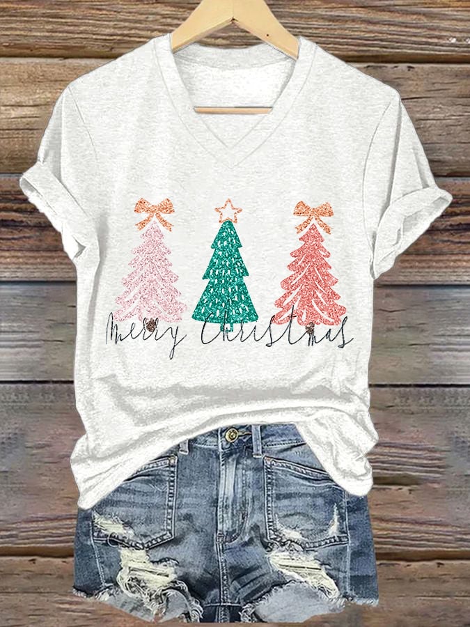 Women's Sequined Merry Christmas Tree Print Casual T-shirt