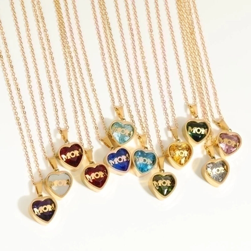 1 Piece Mama Minimalist Heart Shape Titanium Steel Inlay Birthstone Zircon Pendant Necklace