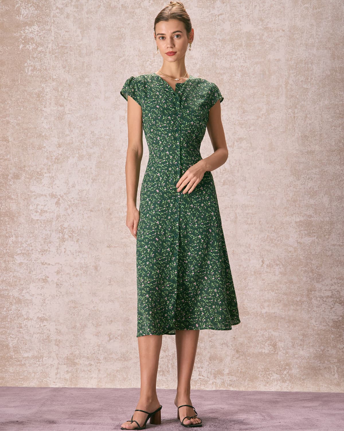 The Green Crew Neck Button-up Floral Midi Dress