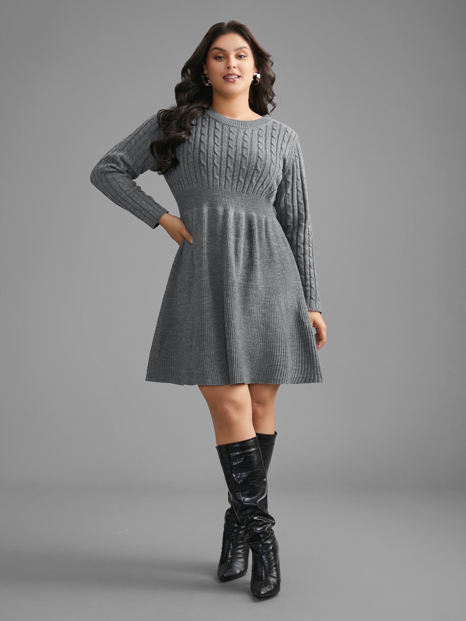 Cable Knit Fit-and-Flare Midi Sweater Dress