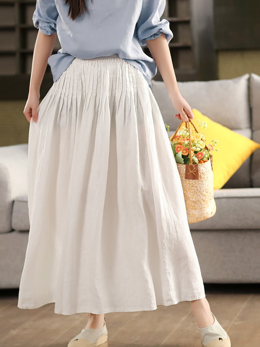 Women Summer Pure Color Shirred 100%Linen Skirt