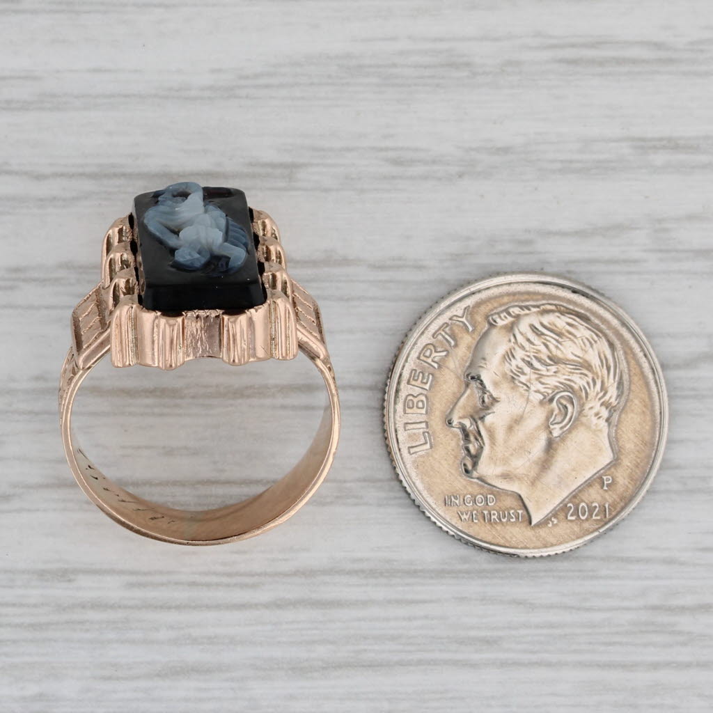 Victorian Carved Figural Black White Chalcedony Cameo Ring 10k Gold Size 4.5