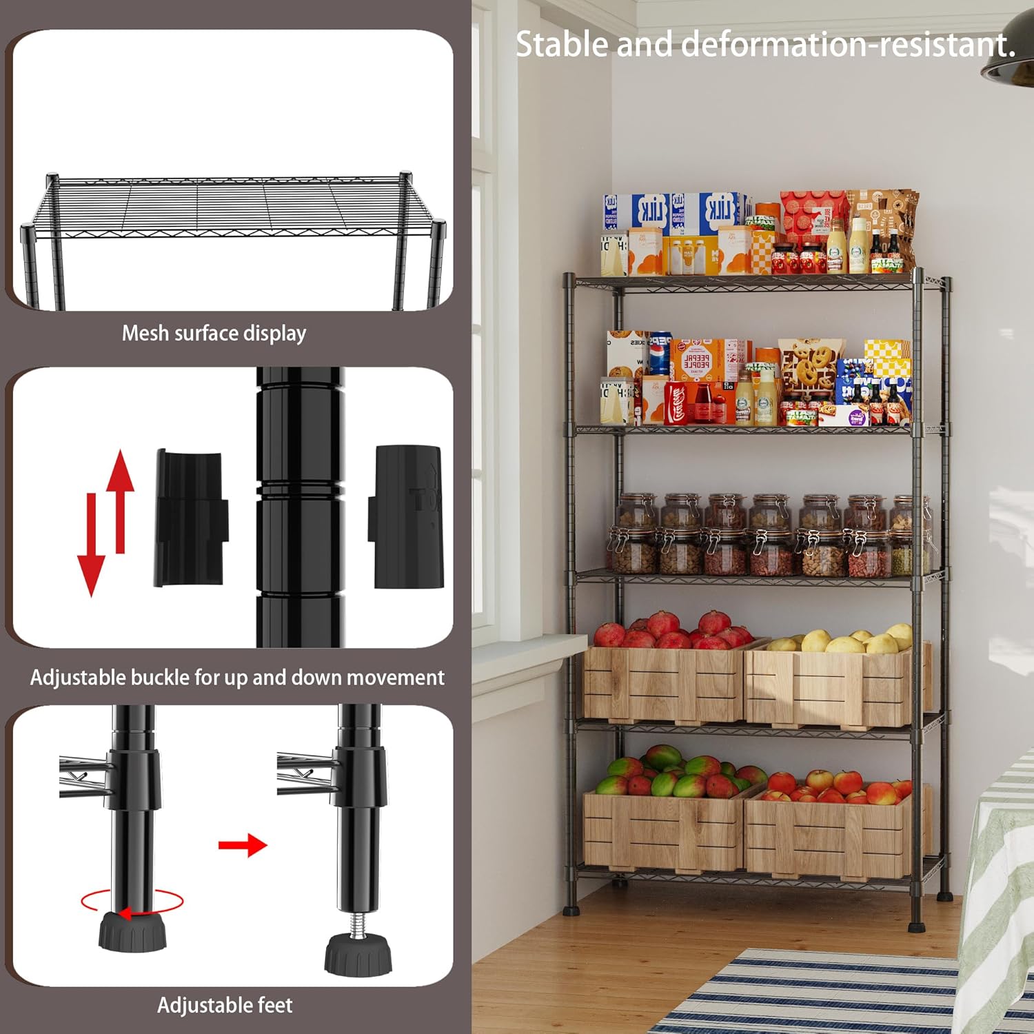 REGILLER 5-Wire Shelving Metal Storage Rack Adjustable Shelves,Standing Storage Shelf Units for Laundry Bathroom Kitchen Pantry Closet(Black,11.8