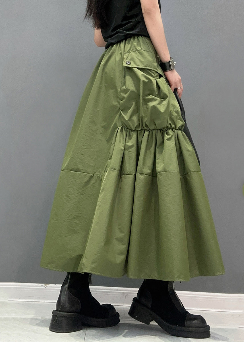 Women Green Pockets Patchwork Elastic Waist Maxi Skirts Summer