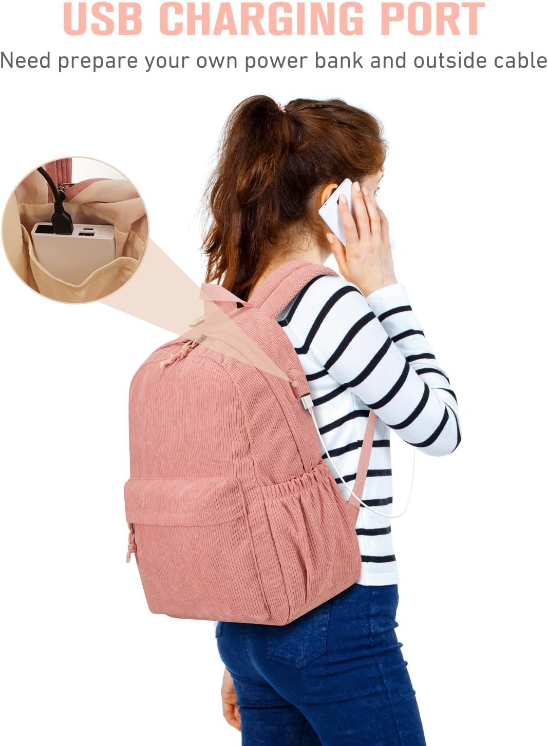 School Backpack for Teens Girls Boys, Large Corduroy College Bookbag Lightweight Backpack Purse for Women Fit for 15.6 Inch Laptop (Beige)