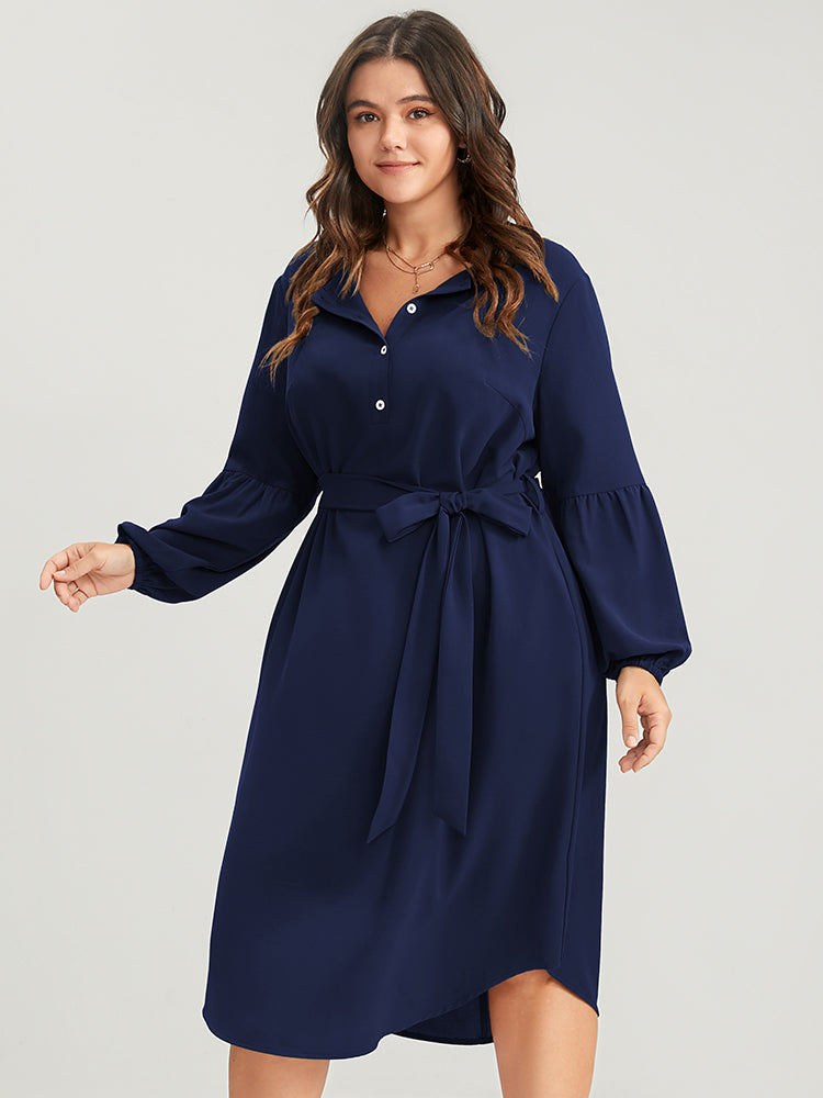 Solid Lantern Sleeve Button Pocket Belted Arc Hem Dress