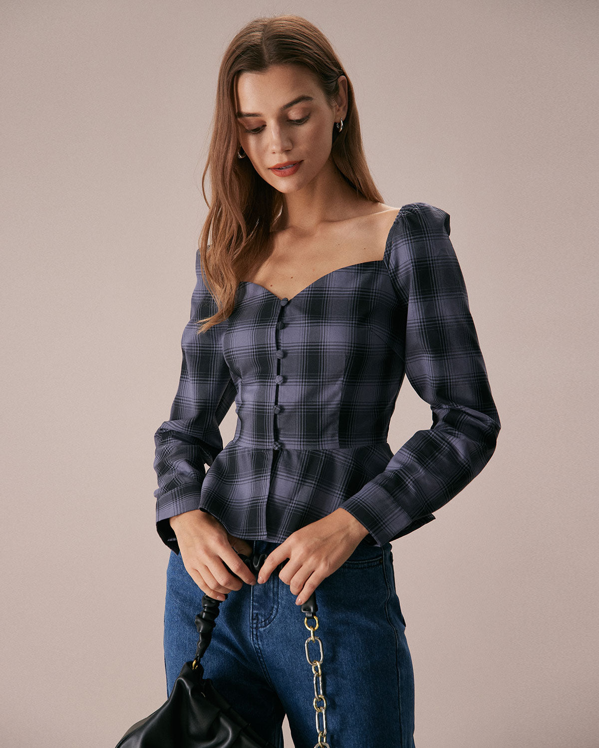 The Dusty Blue Sweetheart Neck Plaid Blouse