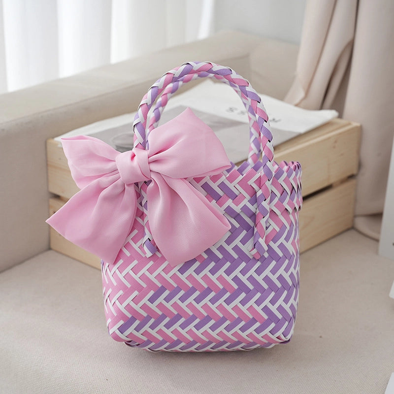 Women's Small PVC Stripe Bow Knot Cute Weave Square Open Handbag