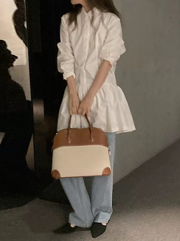 A-Line Long Sleeves Buttoned Pleated Solid Color Lapel Mini Dresses Shirt Dress