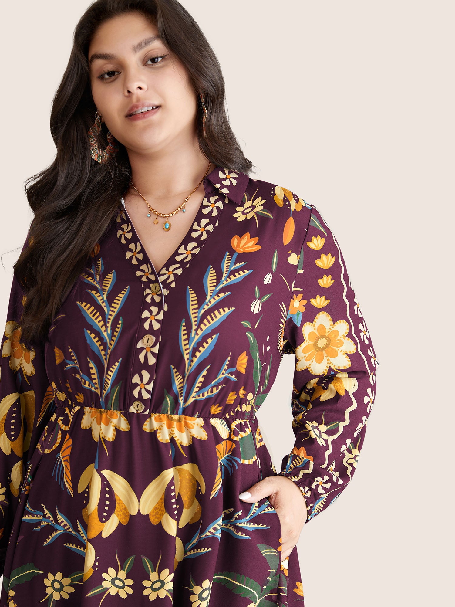 Bandana Print Pocket Lapel Collar Elastic Cuffs Dress