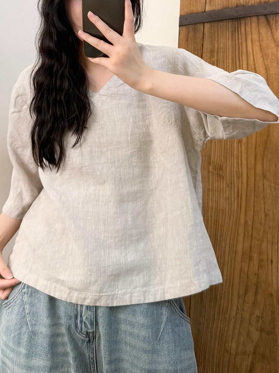 Women Summer Retro Pure Color V-Neck Linen Shirt