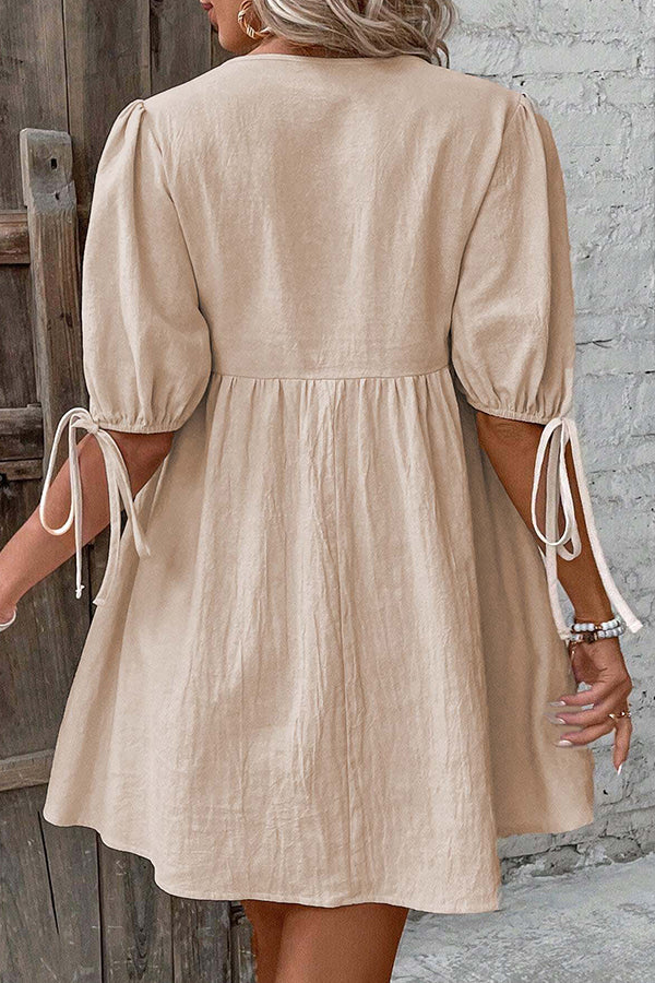 V Neck Solid Tie Front Casual Mini Dress