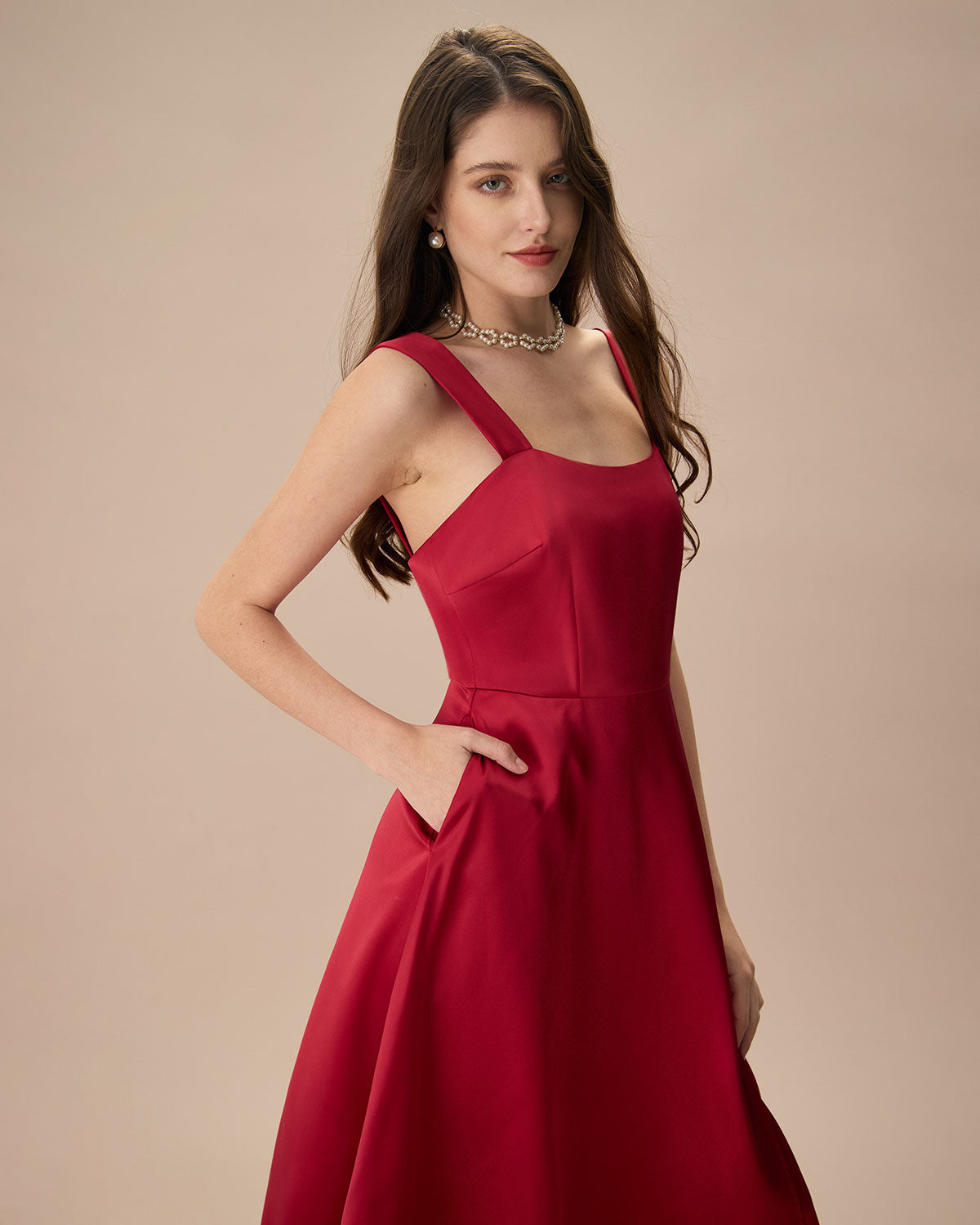 Women's Red Satin Slip Midi Dress